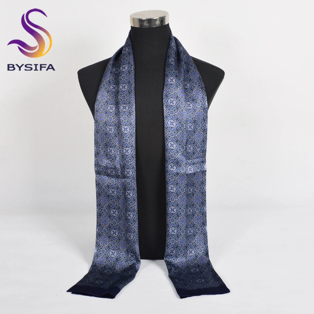 BYSIFA | Pañuelo de seda gris y azul para hombre, moda de invierno, 100% de seda, pañuelos largos para hombre, corbatas de marca, bufanda larga suave, corbata 160*26cm