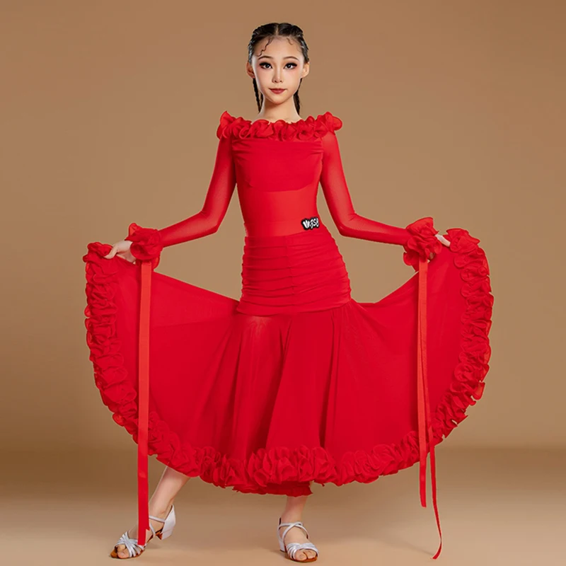 

2025 New Ballroom Dancing Dress Standard Competition Suit Girl Long Sleeve Performance Dress Waltz Modern Dance Clothes VDL3545
