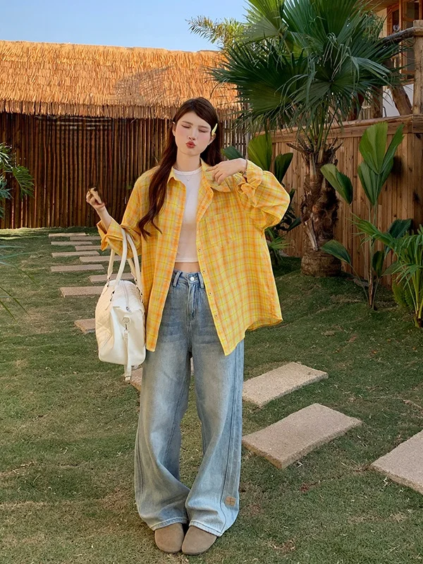 

plus Size Women's Lazy Plaid Long Sleeve Shirt Spring New Korean Loose Slimming Casual Open Cardigan Top Large Size Ladies' F...