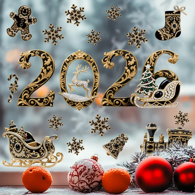 

2026 Black Gold Christmas Decoration Stickers Window Glass Festive Elegant Glass PVC Flowers