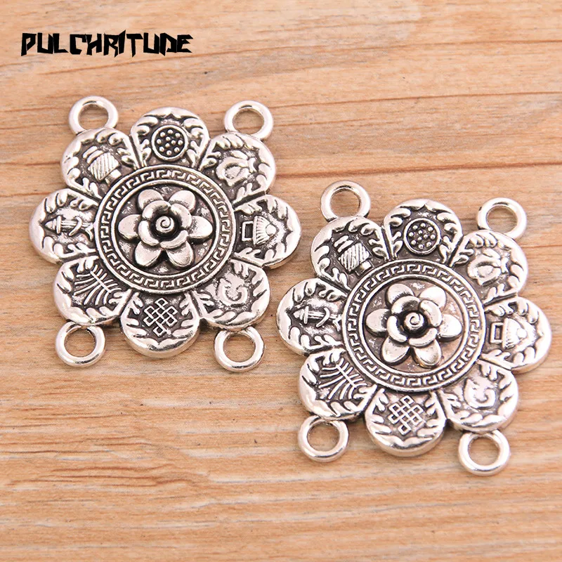 PULCHRITUDE 4pcs 35*38mm Retro Two Color Zinc Alloy Shaped Flower Pendants Connectors Linker For DIY Charm Jewelry Accessorie