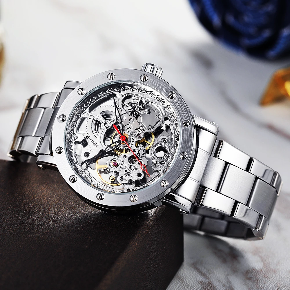 FORSINING Fashion Classic Men's Watches Skeleton Automatic Mechanical Rivet Inlay Engraving Steel Luxury Business Wristwatches