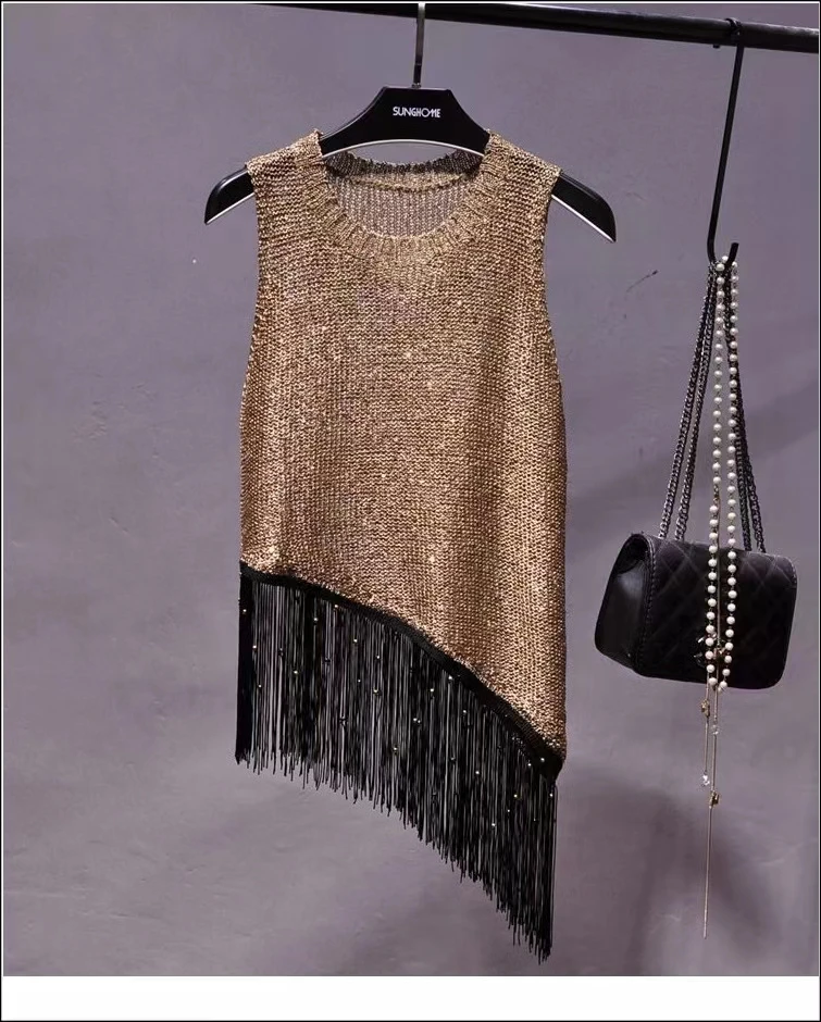 

2024 Sexy Shiny Gold Silver Knitted Tank Tops Women Bling Bling Sequined Tassels Knitted Vest All Neon Store Clothes Korean