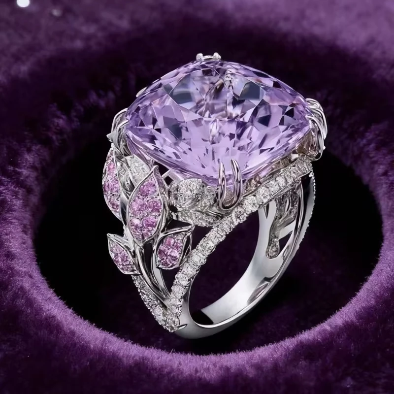 

Huajie Purple Princess Cut Square Zircon Rings for Women Elegant Floral Design Ladys Party Banquet Ring Jewelry Trend