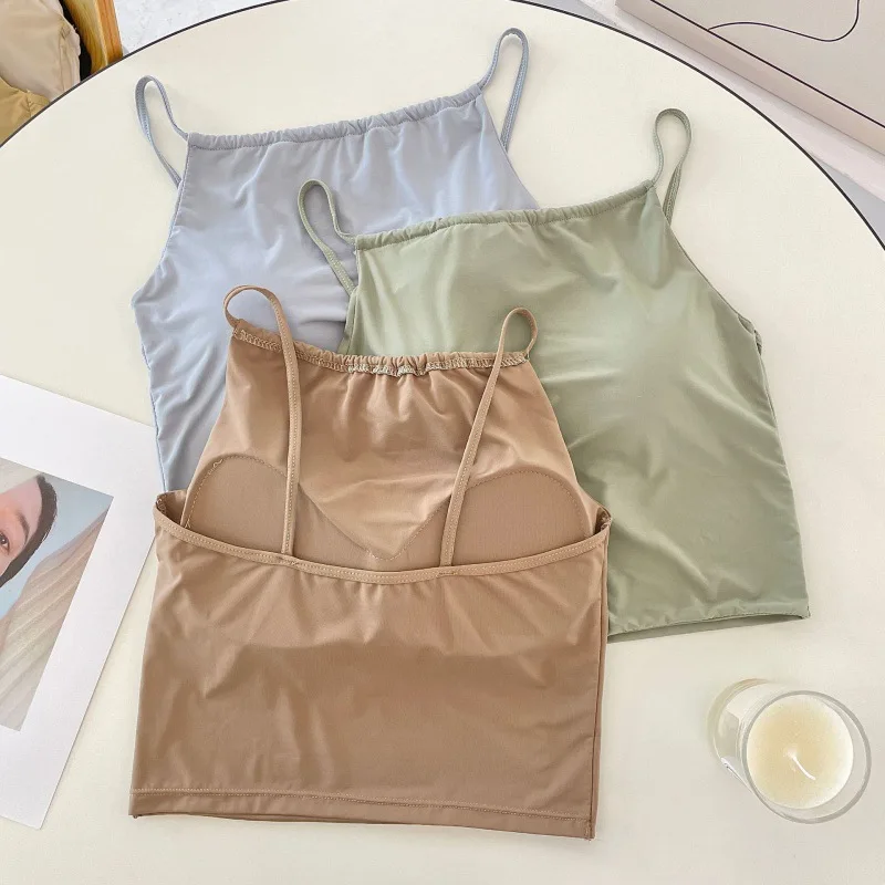 Ice Silk Solid Color Camisole Seamless Vest for Women with Breast Pads and Beautiful Back Sleeveless Inner Top To Wrap The Chest