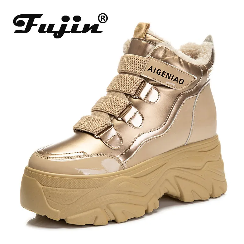 Fujin 8cm Genuine Leather Down High Top Ankle Booties Women Shoes Platform Boots Wedge Autumn Winter Warm Plush Shoes Sneakers