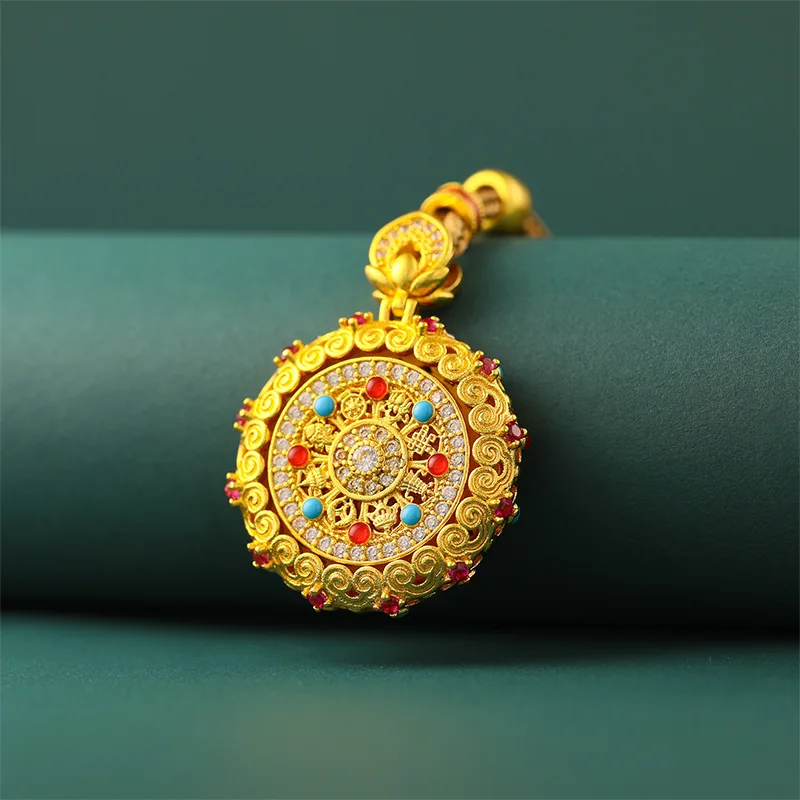 24k Gold Plated Chinese Traditional Eight Auspicious Treasures Rotatable Compass Pendant Inlaid Rhinestone Lucky Blessing Wealth