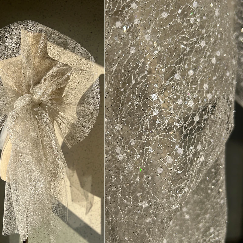 

3d Hexagonal Sequined Gilding Slightly Hard Fine Mesh Fabric For Wedding Dresses And Evening Gowns