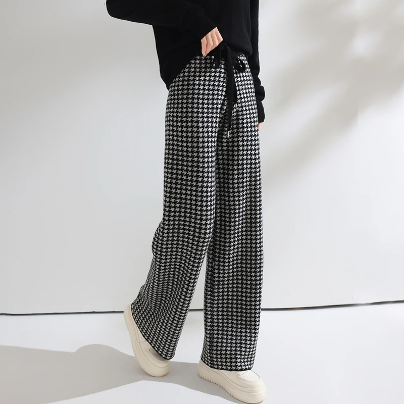 النساء الصوف بنطال ذو قصة أرجل واسعة مرونة الخصر نمط houndstooth بنطلون الخريف الشتاء 100% ميرينو الصوف بنطلون متماسكة لينة الدافئة بانت