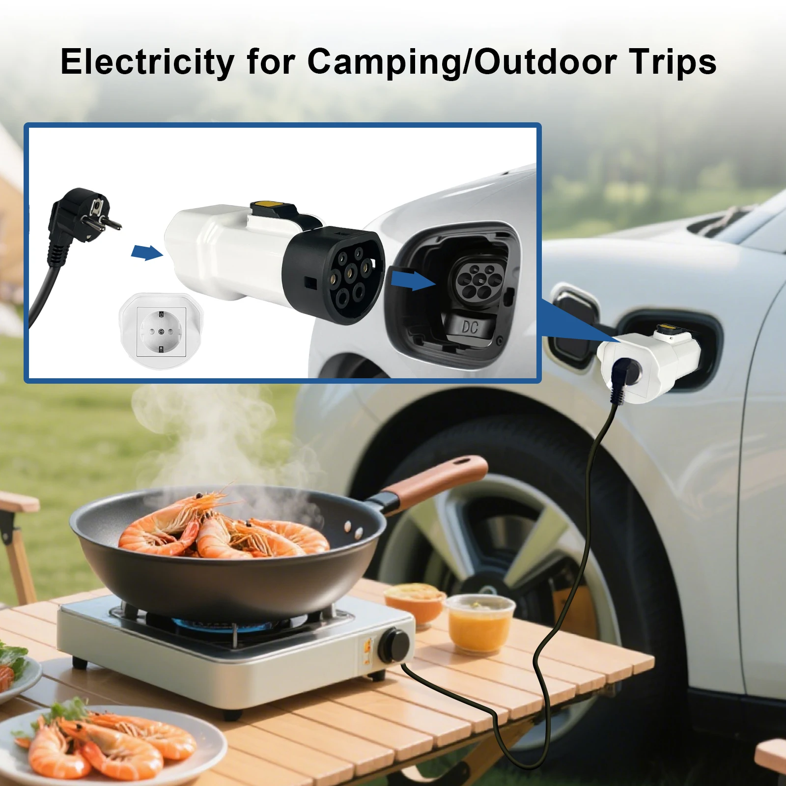 EVqiaoyi الترجمة: محول التفريغ Type2 V2L 16A 3.5KW، قابس التفريغ للسيارة Type2 بمقاس مقبس الاتحاد الأوروبي، لاستخدام في التخييم، متوافق مع سيارات MG و Renault