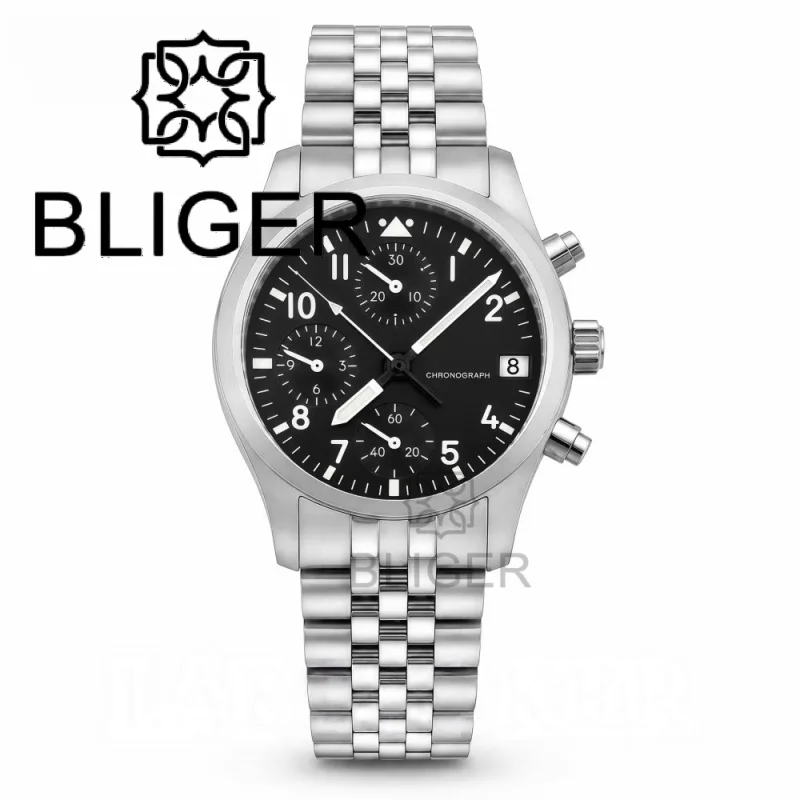 BLIGER Full Black Brushed 38mm VK67 Quartz Aviator Chronograph Watch For Men Domed Sapphire Glass Luminous Dial Waterproof Date view 4