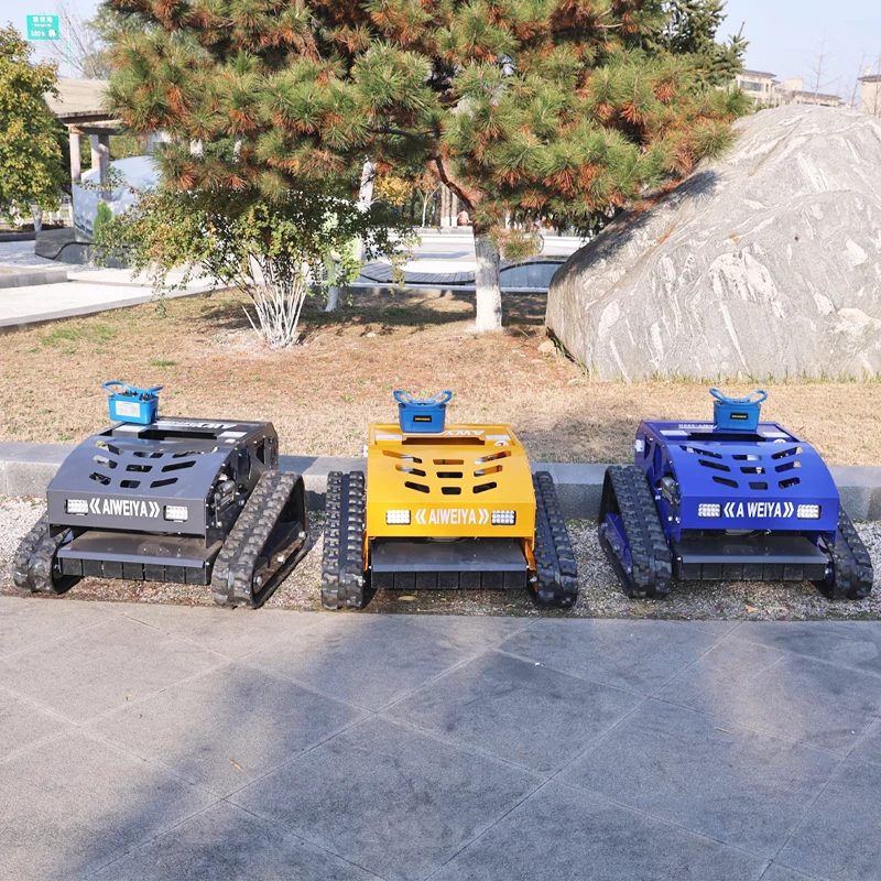 

Customized orchard specific tracked remote-controlled lawn mower robot for automatic operation