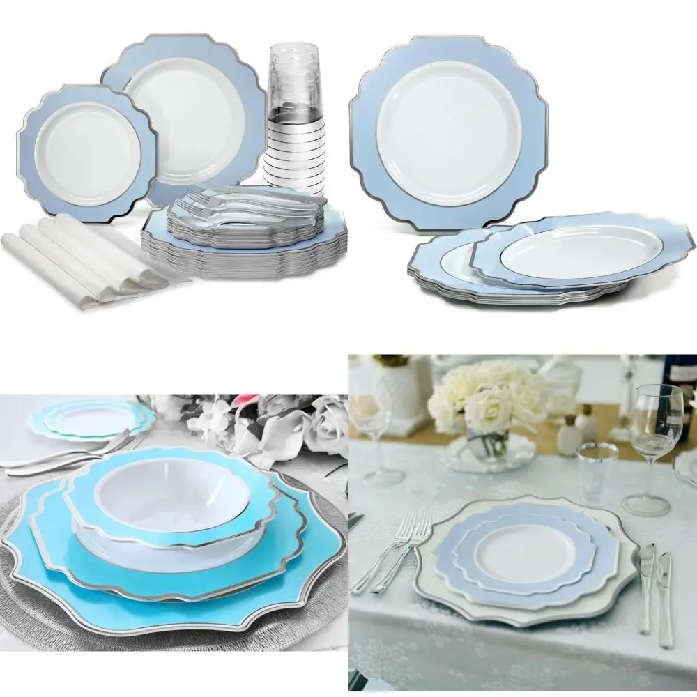 

Набор одноразовой свадебной посуды для 25 гостей: тяжелые пластиковые тарелки и столовые приборы, 10,5 и 8 тарелок со столовым серебром