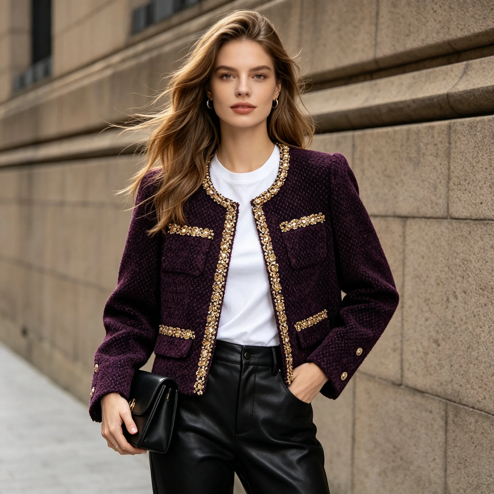 Luxury heiress grape purple small-chic tweed coat, haute couture heavy-duty diamond-embellished top