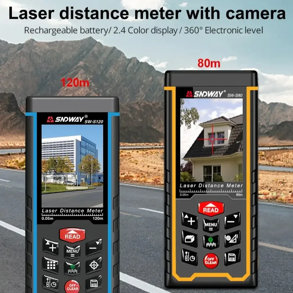 SNDWAY SW-120 Display Laser Distance Meter 80M 120M Camera Digital Meter Area Volumn Digital Angle Ruler Laser Rangefinder Tape