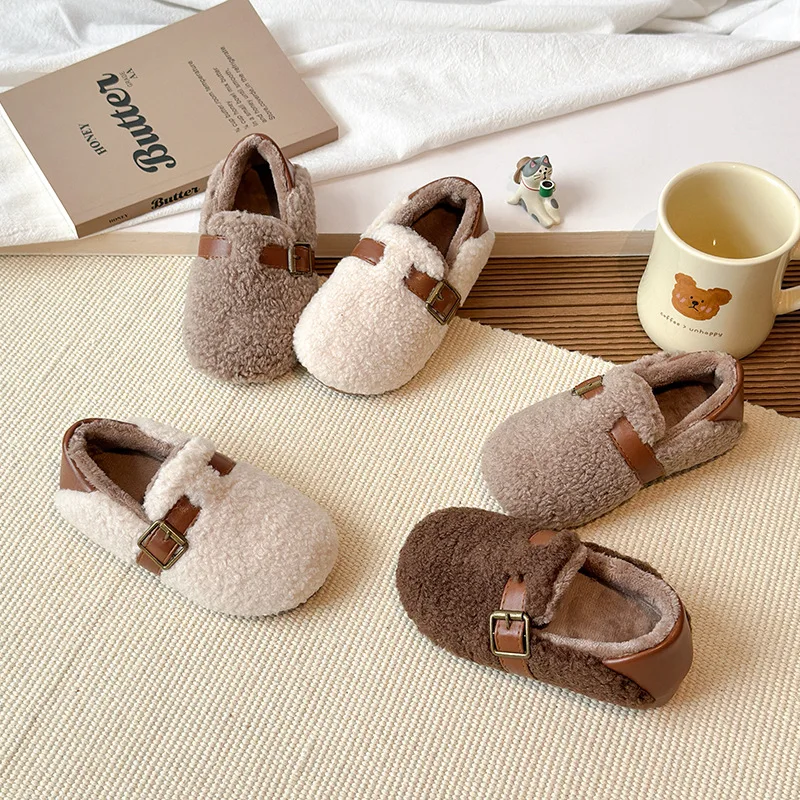 

Милые туфли на плоской подошве для девочек, милые детские теплые туфли в корейском стиле, мягкая подошва с круглым носком, новинка 2025, зимние новые детские мокасины, милые элегантные