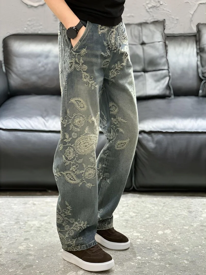 

Retro Waed Embroidered Men's Jeans Trendy Design Straight Loose Long Pants Spring New Sle Casual Faion Urban Sle