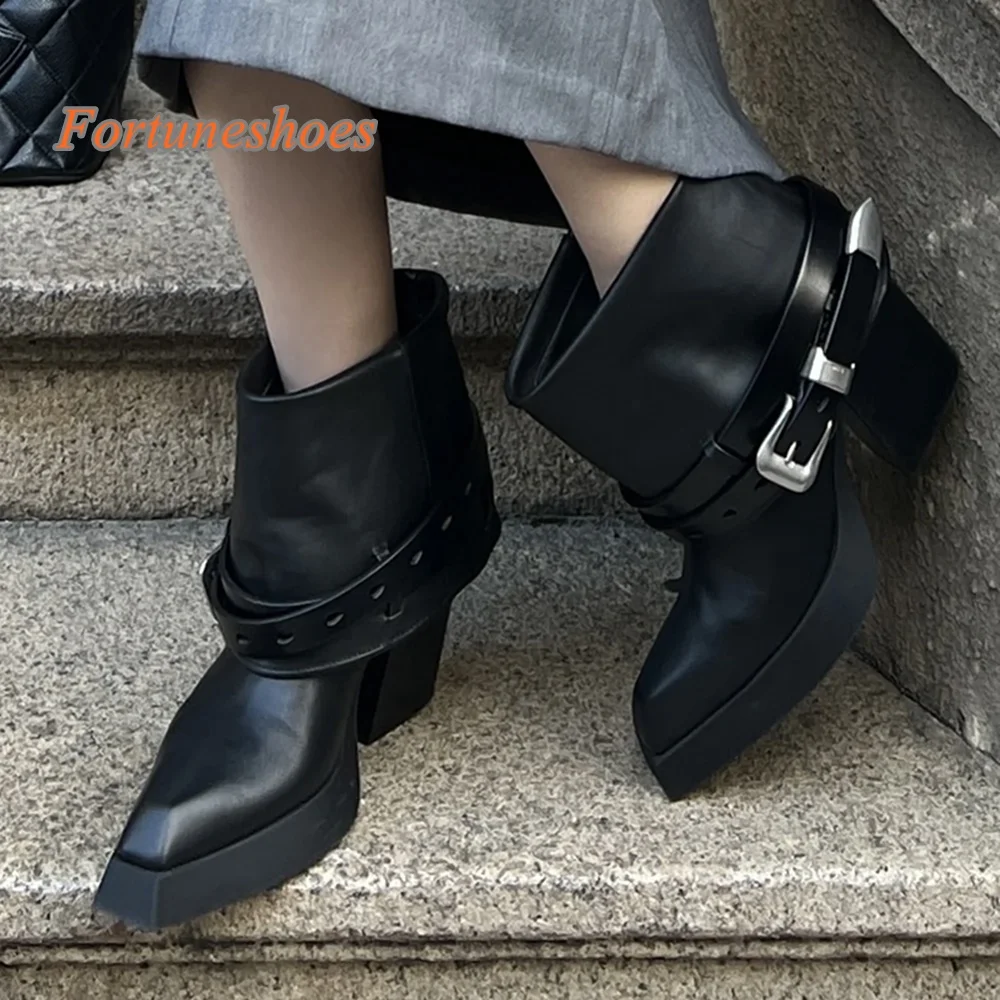 

Belt Buckle Chunky Heel Platform Boots Pointed Toe Solid Black Slip On Pumps 2025 Newest Fashion Casual Mid Calf Autumn Boots