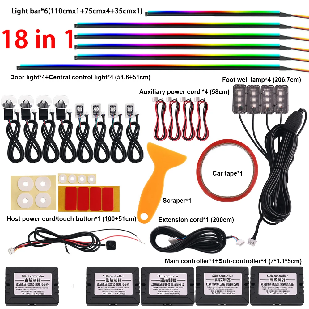 18 in 1 64 kleuren RGB Symfonie auto omgevingslicht interieur acryl gids LED-strip licht decoratie sfeerlamp door APP-bediening