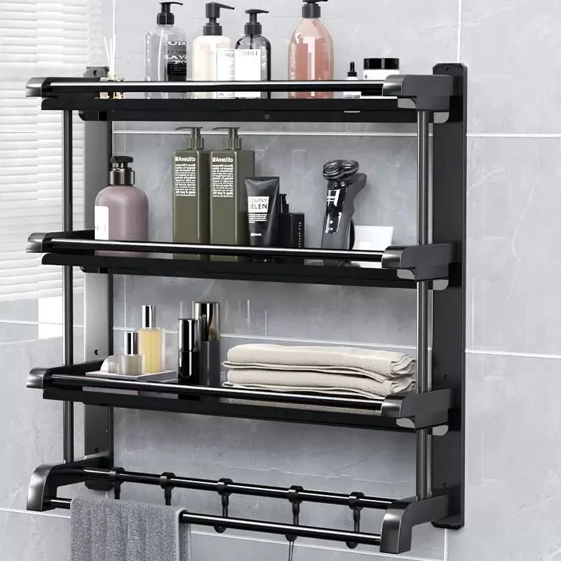 Wall Mounted Bathroom Storage Shelf Towel Rail Hooks Powder Coated Steel No Drill Or Drilled Installation Single To Triple Tier