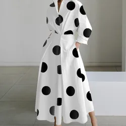 Autumn Dress Long Sleeve Dot Print Elegant Maxi Dresses For Women 2024 Casual V Neck Shirt Party Long Dress Robe Femme