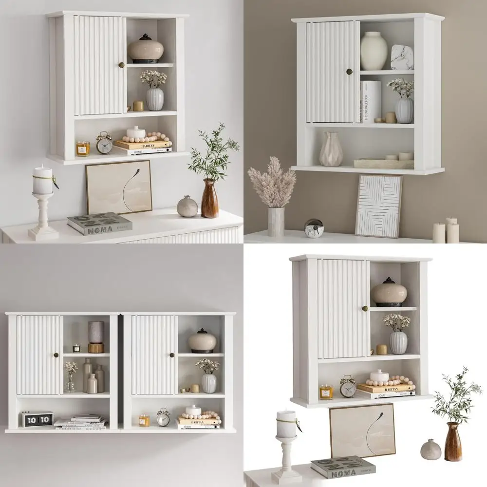 

White Wall-Mounted Medicine Cabinet with Fluted Sliding Door for Over Toilet Storage and Adjustable Shelves