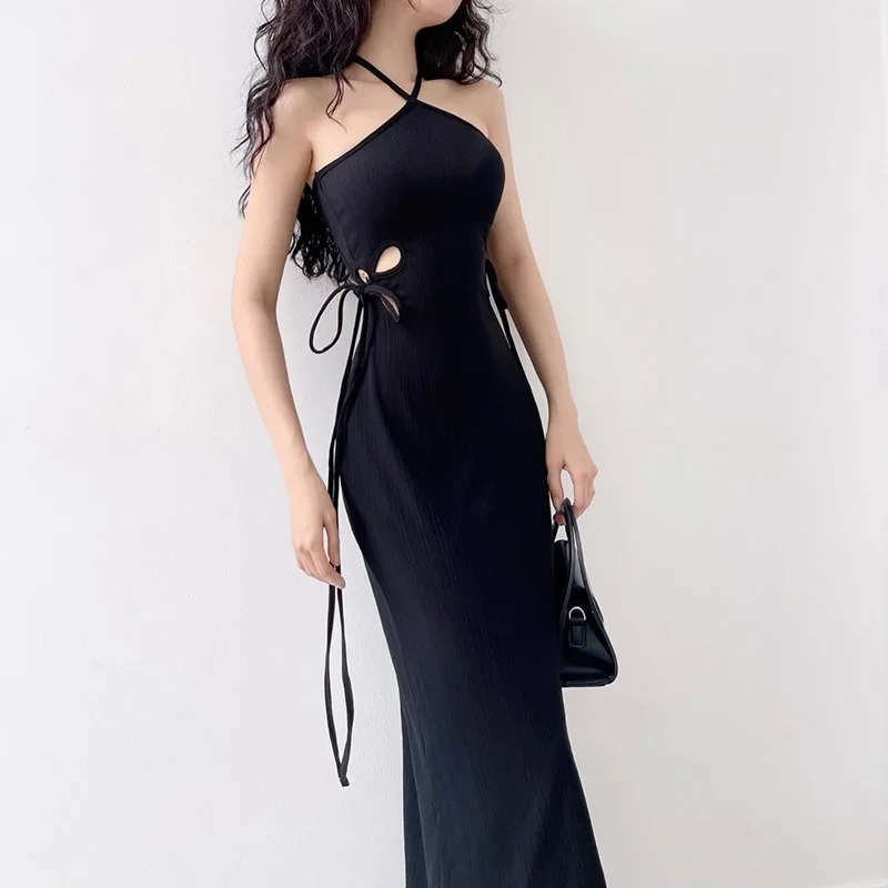 Vestido largo elegante para mujer, ropa informal ajustada con cuello colgante, diseño hueco, primavera y verano, 2024