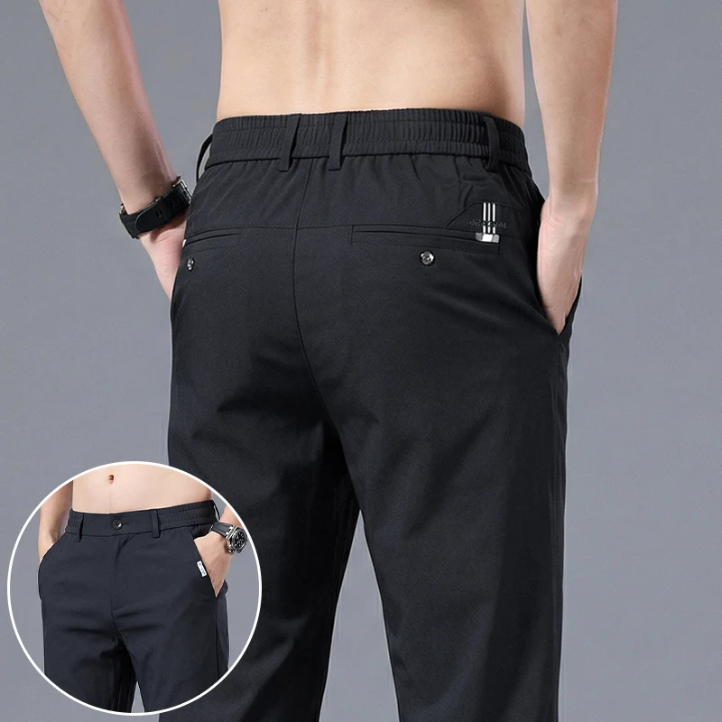

Summer High Stretch Men's Casual Pants Polyamide Fiber Slim Straight Business Elastic Waist Work Khaki Cargo Chino Thin Trousers