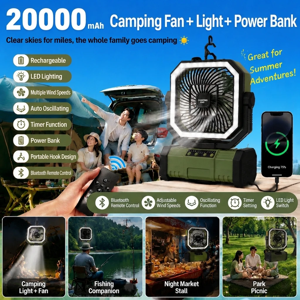 Portable Fan Rechargeable, 20000mAh Cordless Battery Powered Fan with LED Lantern Battery Operated for Travel Bedroom Home Camping Tent Office Beach Desk Fishing Table