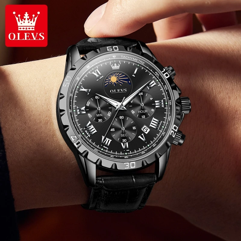 OLEVS NEW Quartz Wrist watch for Men Fashion Trend Multi-function Chronograph Black Stainless steel Business Dress Hand Clocks