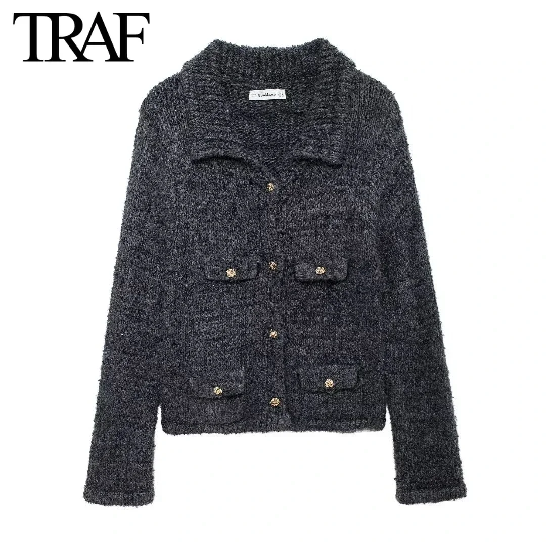 TRAF Women Fashion New Flip Pocket Solid Long Sleeved Single Breasted Lapel Knitted Sweater Cardigan Chic Female Knit Coat