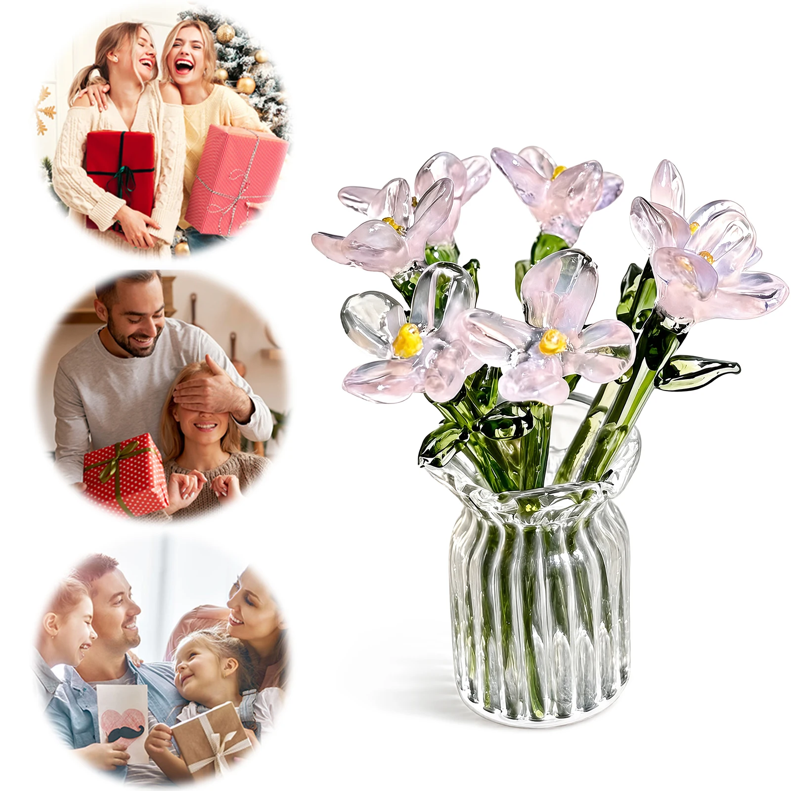 7 Pcs Cute Handmade for Colorful Glass Flowers with Vase Tiny Floral Ornament Hand-blown Glass Flower for Home Office Desk Decor