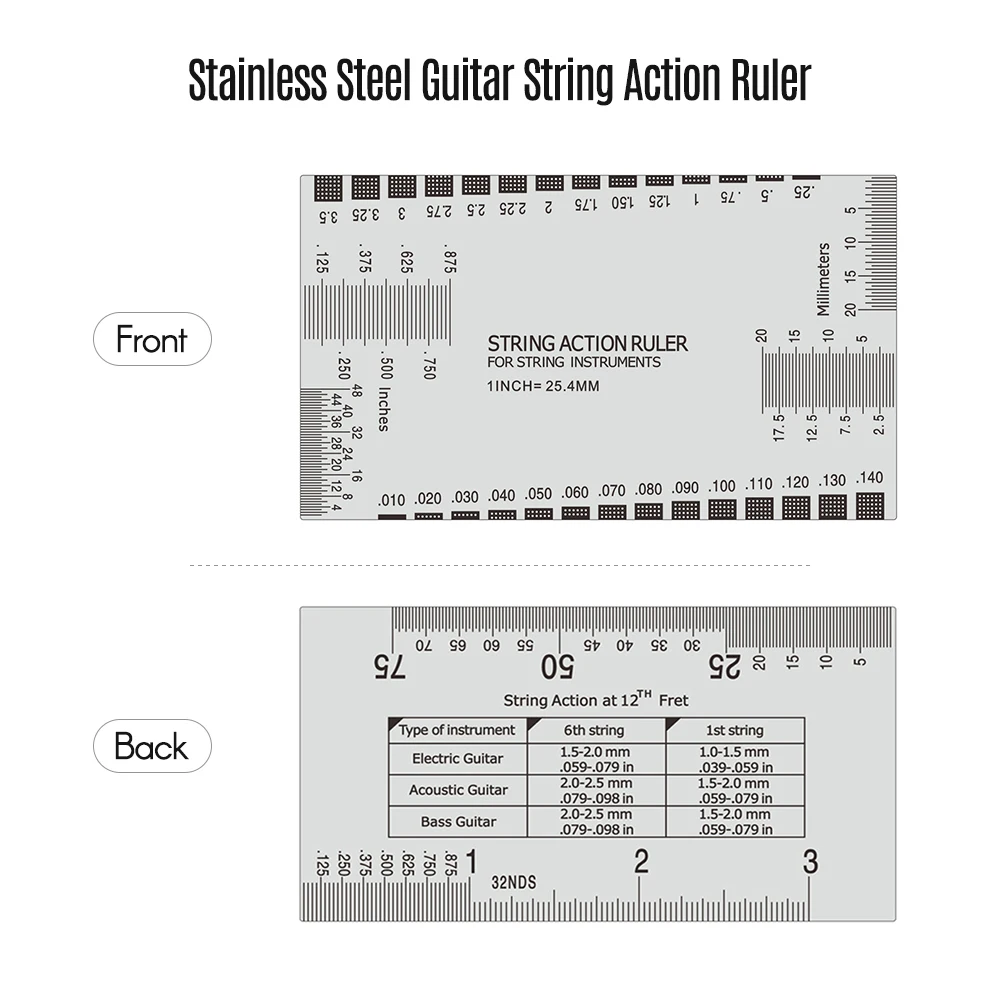 Stainless Steel Guitar String Action Ruler String Pitch Ruler Guitar Measuring Gauge Tool 89*51mm for Classical Electric Acousti