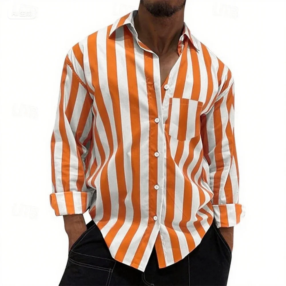 Men's Hot Selling Striped Shirts, Pocket Printed Lapel Shirts, Holiday Fashion Business Casual High-Quality Men's Shirts