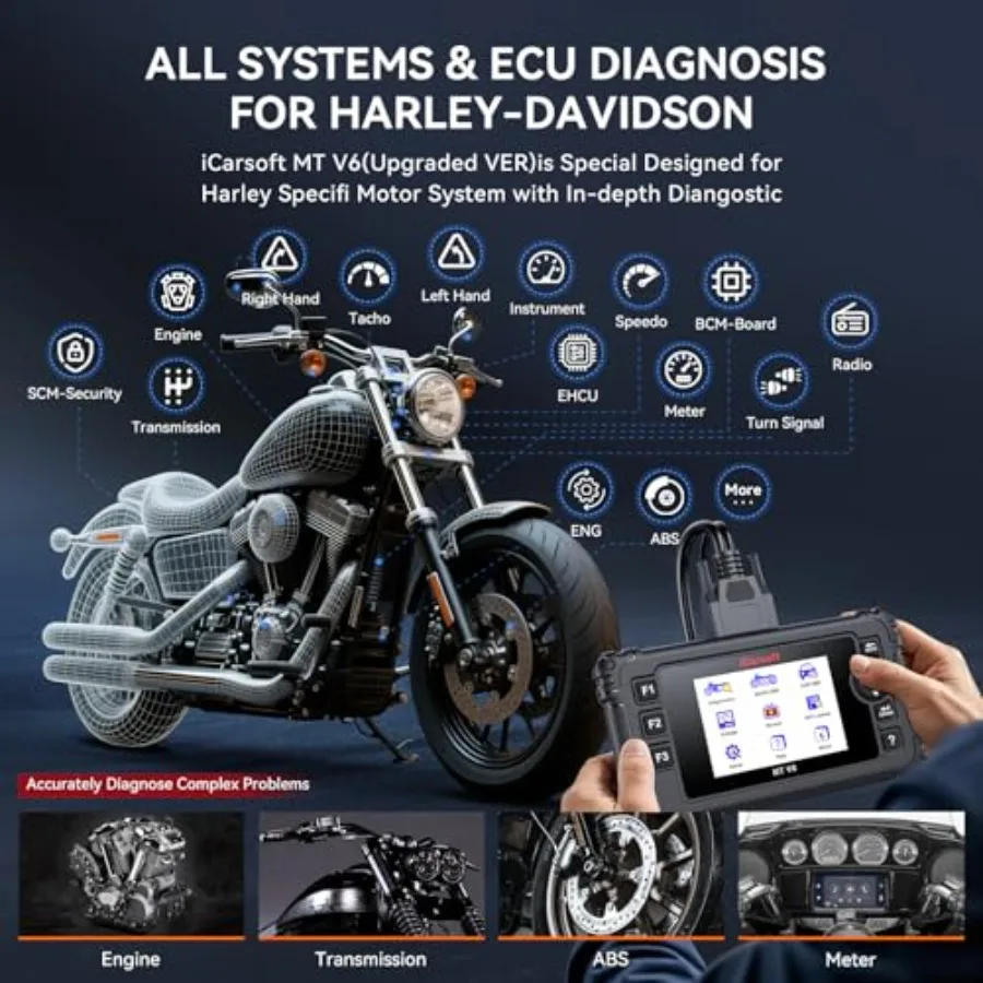 MT V6 Motorrad-Diagnose-Scan-Tool für Harley All System Motorrad-OBD2-Scanner mit 57 Betätigungstests, 43 Spezialfunktionen