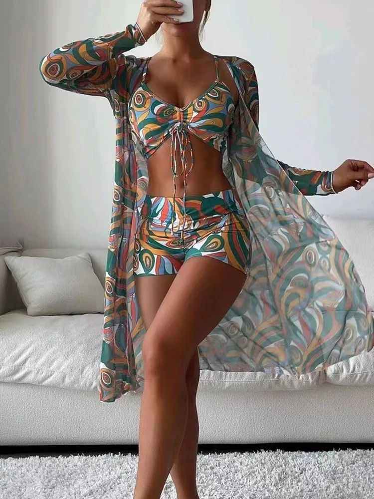 New International Market Bikini 3-Piece Set with Digital Print Cover-Up and Boy Shorts—Swimwear