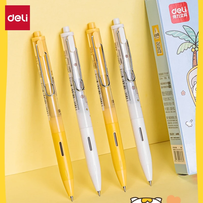 Deli 4 peças 0.5mm tinta preta de secagem rápida kawaii caneta gel líquida reta caneta fofa presente de papelaria material de escritório para estudantes