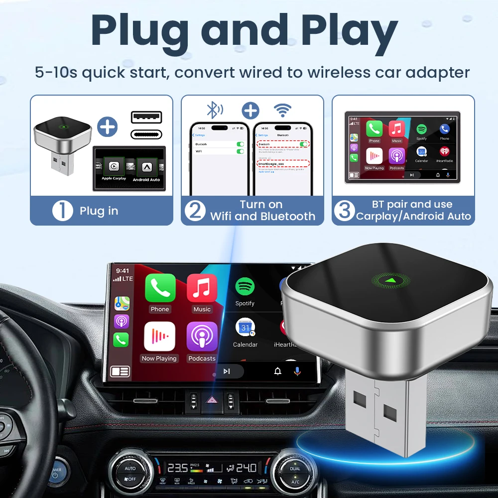 New Carplay Android Auto Auto 2 In-1 Wired To Wireless Magic Box Android Auto Car Machine Interconnect Box Plug and Playback