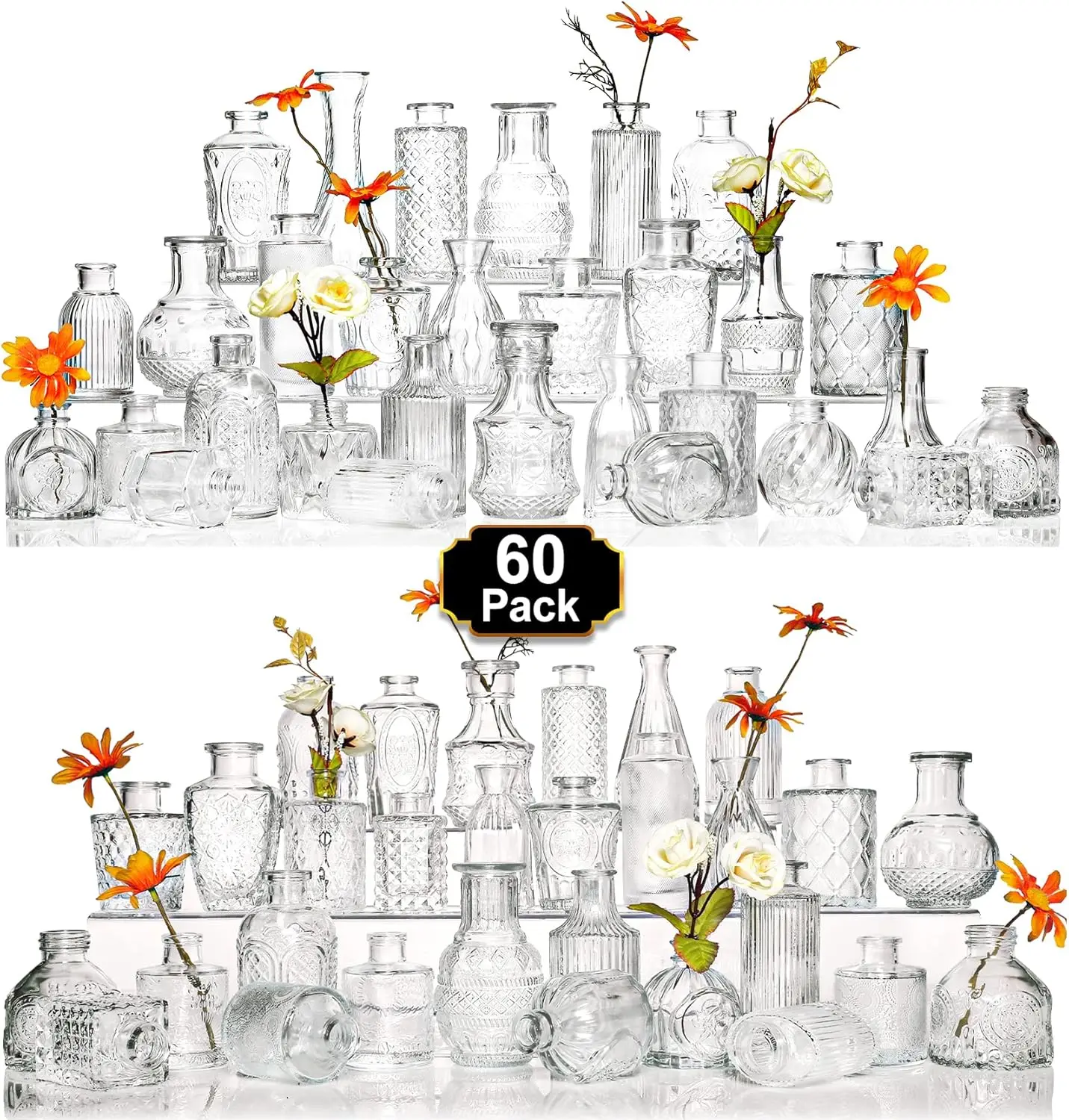 

60 Pcs Small Clear Glass Bud Vases, Rustic Wedding Centerpieces & Vintage Home Decor