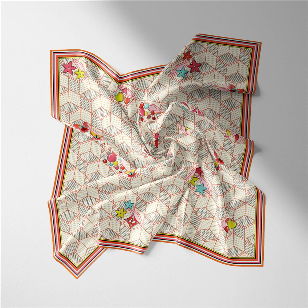 Twill Silk Scarf Woman Geometric Painting Square Scarves Wraps Bandana Small Hijab Silk Foulards Tie Headband Neckerchief 53CM