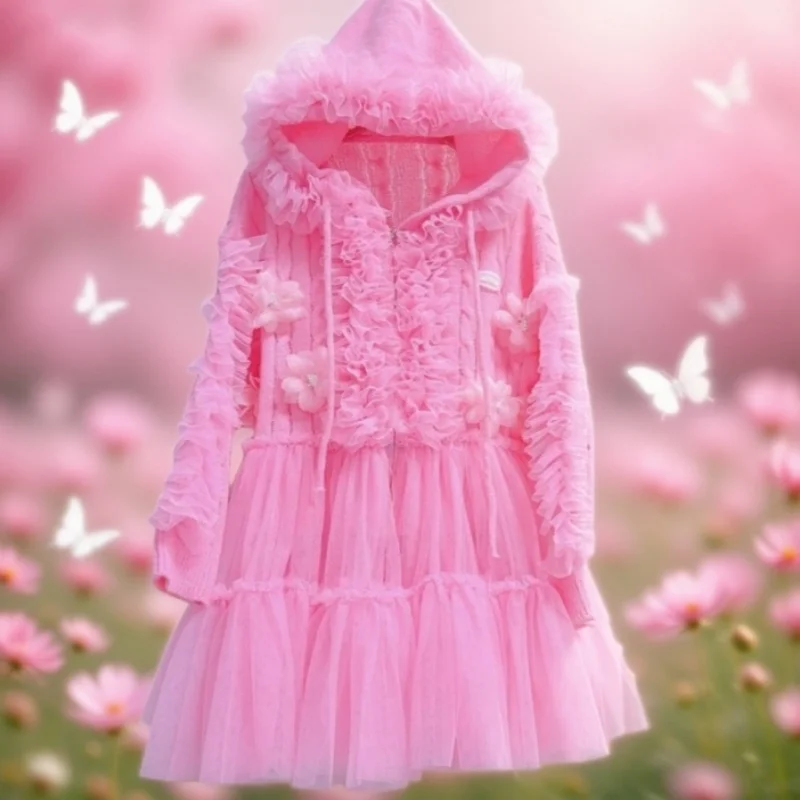 Pink Color Fluffy Women Sexy Mesh Splicing Loose Sweater Knit Cardigan Ruffles Floral Soft Elegant Dress DJ Club Bar Costume