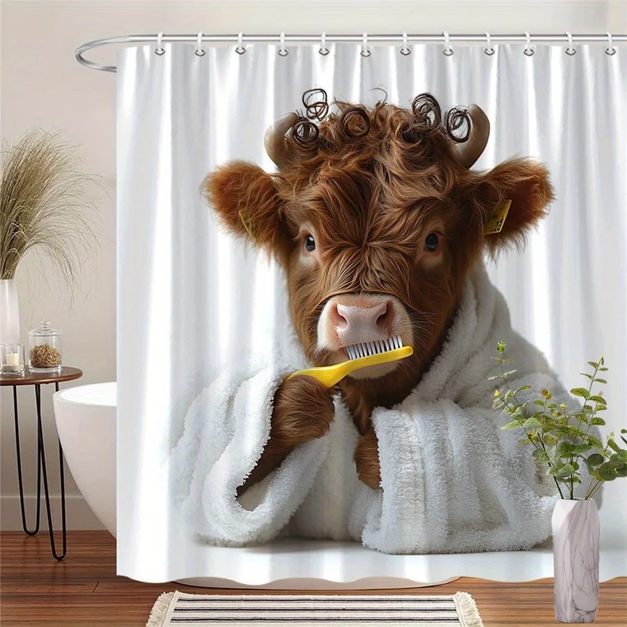 

1pc Whimsical Highland Cow Shower Curtain with Toothbrush, Brown Curly Fur & Fluffy White Robe Design, Fluffy White Robe, Whimsi