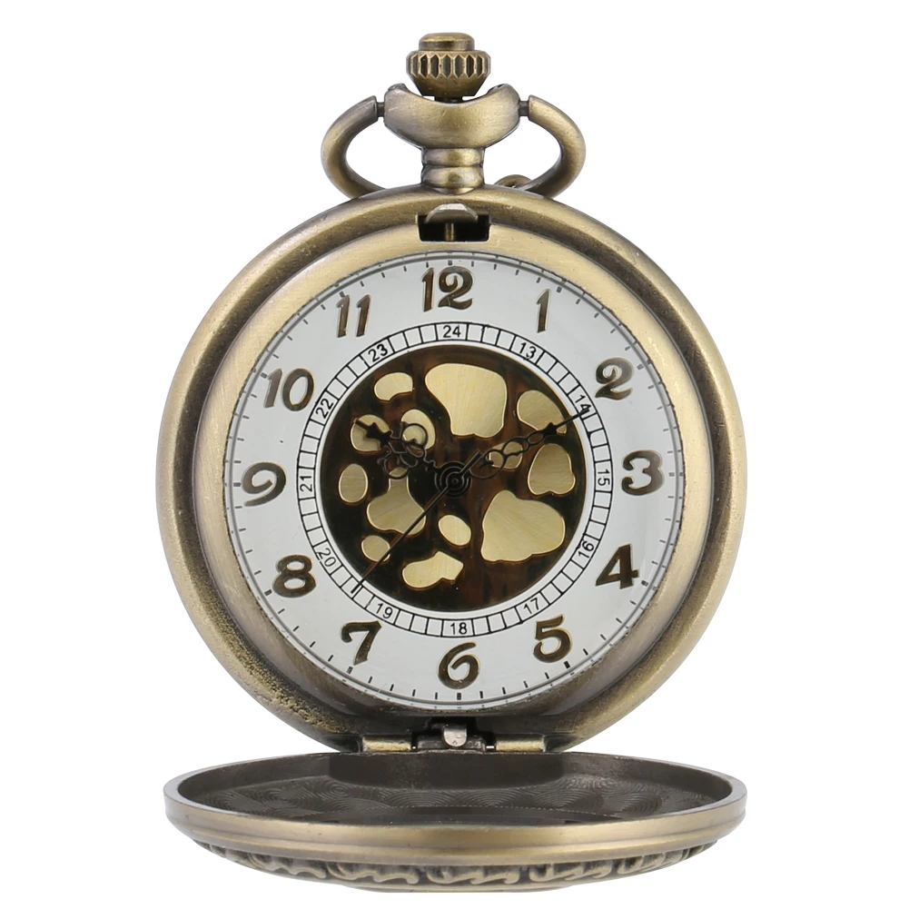 Orologio da tasca al quarzo in bronzo cavo, collana, orologio con numeri arabi, quadrante classico, orologio con ciondolo vintage, regalo per uomo e donna