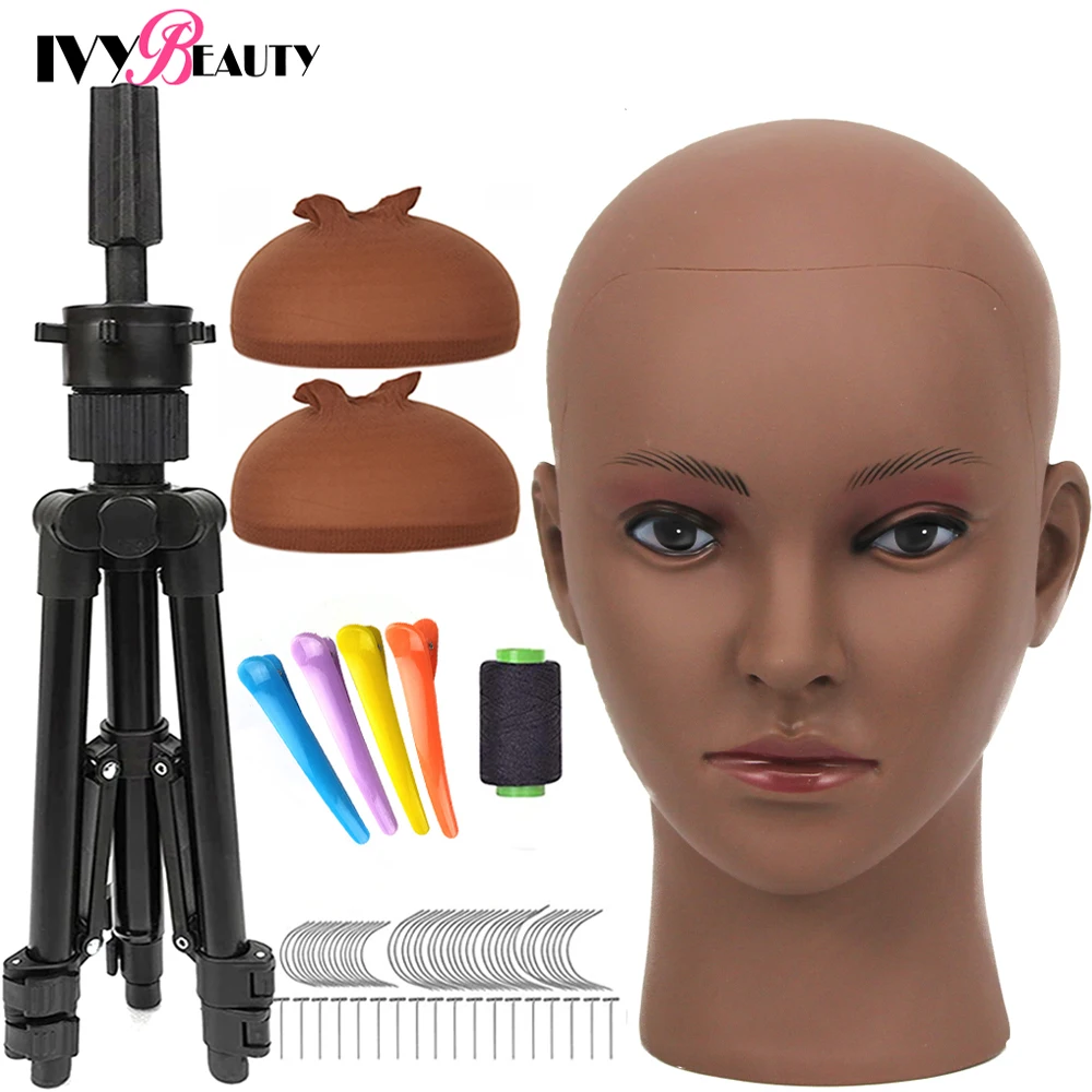 Adjustable Wig Stand Wig Tripod With Mannequin Canvas Block Head Bald Training Manikin Head And Wigs Making Kit T-Pins Needles