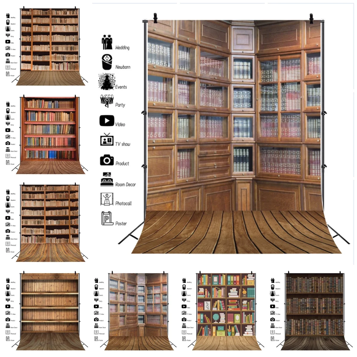 

Vintage Bookshelf Photography Backgrounds Library Wooden Floor Birthday Party Student Portrait Back to School Backdrops Poster