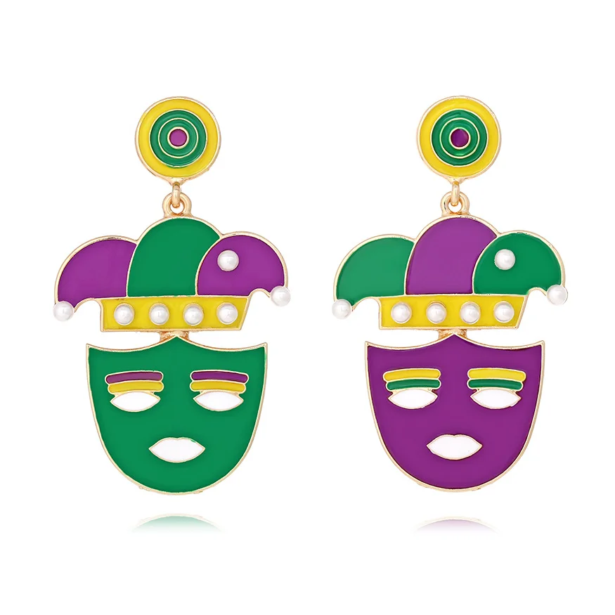 Tri Color Joker Hat Mask Earrings Imitation Pearl Carnival Jewelry