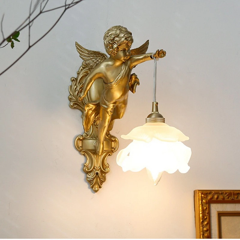 

French Vintage Angel LED Wall Lamp Copper Sconce Golden Light For Hotel Room Parlor Restaurant Aisle Stair Decorative Lighting