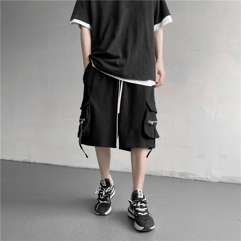 Mens Black Streetwear Cargo Shorts Loose Ribbons Japanese Fashion Streetwear Hip Hop Short Pants