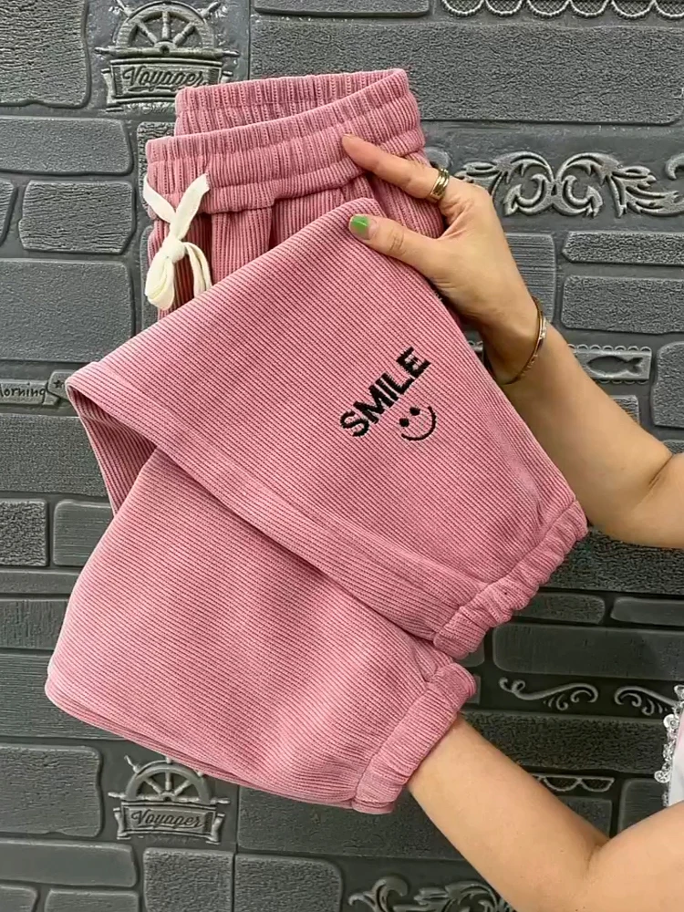 2024 Winter New European Cotton Plush Thickened Korean Smiling Face Pants High Waist Fashion Casual Tie Feet Haren Pants Women's