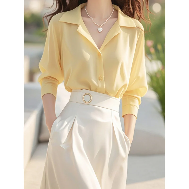 Beautiful Women's Blouses Long Sleeve Social Female Shirt Spring Autumn Yellow Polo Top Fine Elegant Blouses for Women